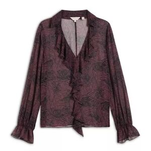 Ted Baker Plum And Black Floral Ruffle Sheer Long Sleeve Feminine Blouse
